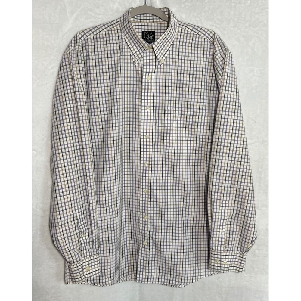 Jos A Bank‎ Dress Shirt Mens XL Tailored Fit Traveler's Tattersall Check Plaid